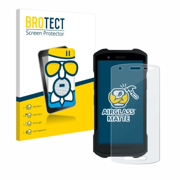 Front side of a product packaging with the brand logo BROTECT. Next to it is the device Zebra TC26 shown with the correspondin