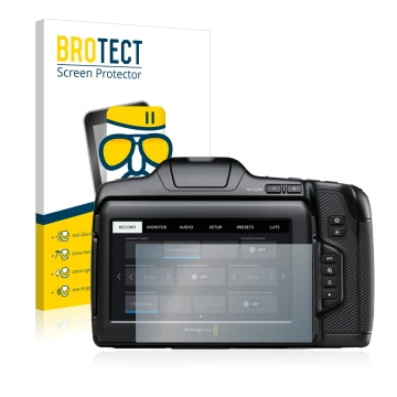 Front side of a product packaging with the brand logo BROTECT. Next to it is the device Blackmagic Pocket Cinema Camera 6K Pro