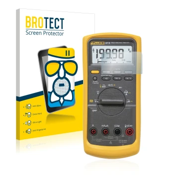 Front side of a product packaging with the brand logo BROTECT. Next to it is the device Fluke 87v shown with the corresponding