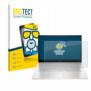 Front side of a product packaging with the brand logo BROTECT. Next to it is the device HP Envy 17-cX shown with the correspon