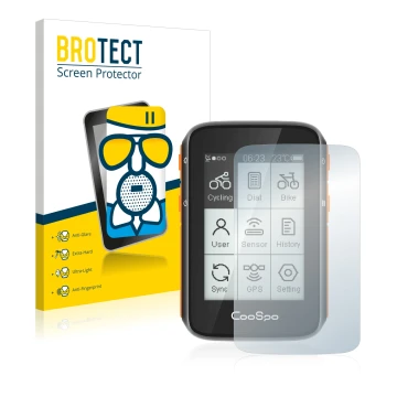 Front side of a product packaging with the brand logo BROTECT. Next to it is the device CooSpo BC200 shown with the correspond