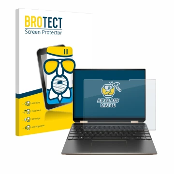 Front side of a product packaging with the brand logo BROTECT. Next to it is the device HP Spectre x360 (14-eX) 2021 shown wit