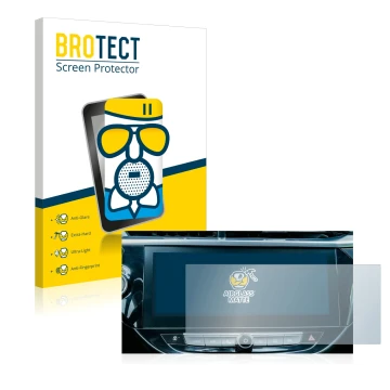 Front side of a product packaging with the brand logo BROTECT. Next to it is the device Opel Corsa-e 2020 Infotainment System 