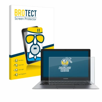Front side of a product packaging with the brand logo BROTECT. Next to it is the device Chuwi HeroBook Pro Plus shown with the