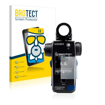 Front side of a product packaging with the brand logo BROTECT. Next to it is the device Sekonic L858D shown with the correspon