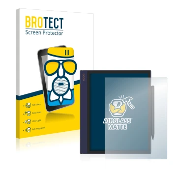 Front side of a product packaging with the brand logo BROTECT. Next to it is the device Boox Note Air shown with the correspon