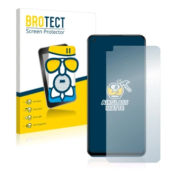 Front side of a product packaging with the brand logo BROTECT. Next to it is the device realme 8 shown with the corresponding 