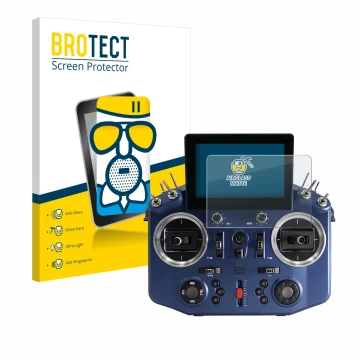 Front side of a product packaging with the brand logo BROTECT. Next to it is the device FrSky Horus X20 shown with the corresp