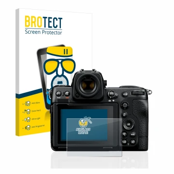 Front side of a product packaging with the brand logo BROTECT. Next to it is the device Nikon Z 8 shown with the corresponding