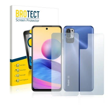 Front side of a product packaging with the brand logo BROTECT. Next to it is the device Xiaomi Redmi Note 10 5G (Front+Back) s