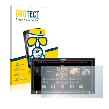 Front side of a product packaging with the brand logo BROTECT. Next to it is the device Alpine iLX-702D shown with the corresp