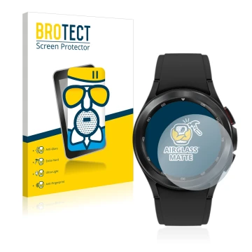Front side of a product packaging with the brand logo BROTECT. Next to it is the device Samsung Galaxy Watch 4 Classic (42mm) 