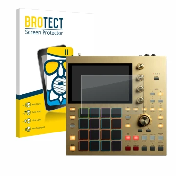 Front side of a product packaging with the brand logo BROTECT. Next to it is the device Akai MPC One shown with the correspond