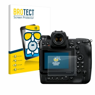 Front side of a product packaging with the brand logo BROTECT. Next to it is the device Nikon Z 9 shown with the corresponding