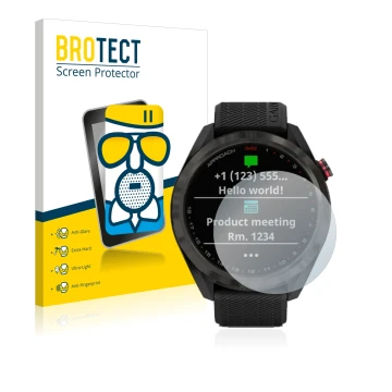 Front side of a product packaging with the brand logo BROTECT. Next to it is the device Garmin Approach S42 shown with the cor