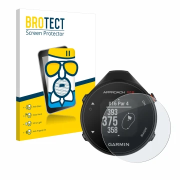 Front side of a product packaging with the brand logo BROTECT. Next to it is the device Garmin Approach G12 shown with the cor