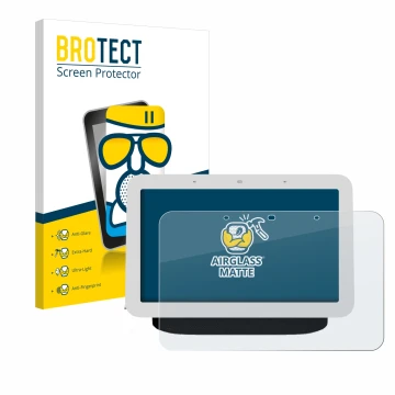 Front side of a product packaging with the brand logo BROTECT. Next to it is the device Google Nest Hub 2 shown with the corre