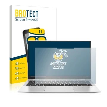 Front side of a product packaging with the brand logo BROTECT. Next to it is the device HP Elitebook x360 1040 G7 shown with t