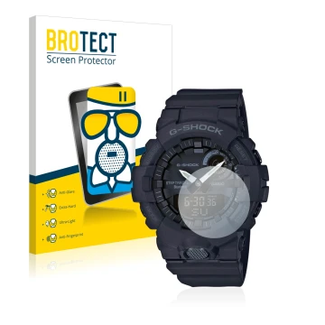 Front side of a product packaging with the brand logo BROTECT. Next to it is the device Casio G-Shock GBA800 shown with the co
