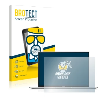 Front side of a product packaging with the brand logo BROTECT. Next to it is the device Huawei MateBook X Pro 2021 shown with 