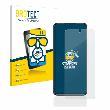 Front side of a product packaging with the brand logo BROTECT. Next to it is the device Xiaomi Poco X3 Pro shown with the corr