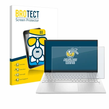 Front side of a product packaging with the brand logo BROTECT. Next to it is the device HP Pavilion x360 (15-erX) shown with t