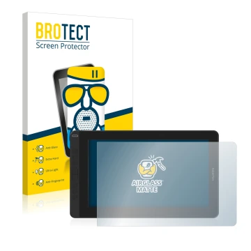 Front side of a product packaging with the brand logo BROTECT. Next to it is the device Huion Kamvas 13 shown with the corresp