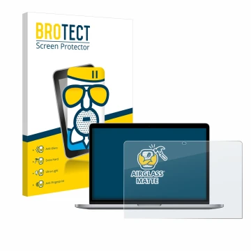 Front side of a product packaging with the brand logo BROTECT. Next to it is the device Apple MacBook Pro 13