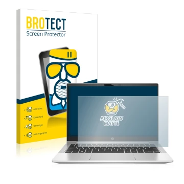 Front side of a product packaging with the brand logo BROTECT. Next to it is the device HP ProBooks 430 G8 shown with the corr