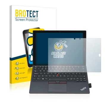 Front side of a product packaging with the brand logo BROTECT. Next to it is the device Lenovo ThinkPad X1 Tablet Gen 2 shown 
