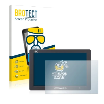 Front side of a product packaging with the brand logo BROTECT. Next to it is the device Feelworld FW279 7