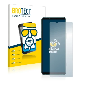 Front side of a product packaging with the brand logo BROTECT. Next to it is the device Sony Xperia 5 III shown with the corre