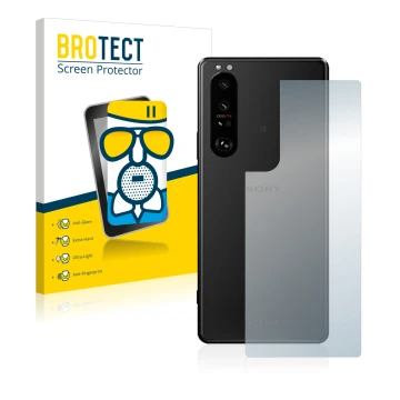 Front side of a product packaging with the brand logo BROTECT. Next to it is the device Sony Xperia 5 III (Back) shown with th