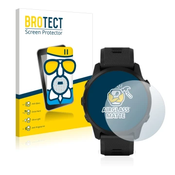 Front side of a product packaging with the brand logo BROTECT. Next to it is the device Garmin Forerunner 945 LTE shown with t