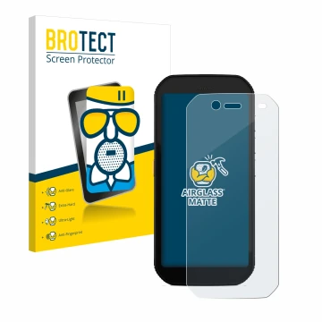Front side of a product packaging with the brand logo BROTECT. Next to it is the device Caterpillar Cat S42 H+ shown with the 
