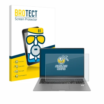 Front side of a product packaging with the brand logo BROTECT. Next to it is the device LG gram 17'' 2021 shown with the corre