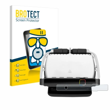 Front side of a product packaging with the brand logo BROTECT. Next to it is the device Tefal OptiGrill Elite shown with the c