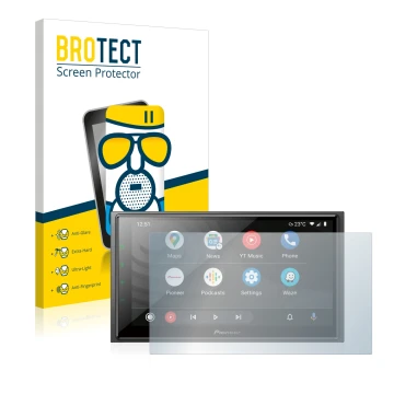 Front side of a product packaging with the brand logo BROTECT. Next to it is the device Pioneer SPH-EVO64DAB shown with the co