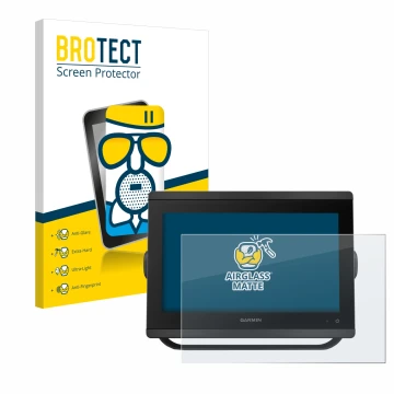 Front side of a product packaging with the brand logo BROTECT. Next to it is the device Garmin GPSMAP 8412 xsv shown with the 