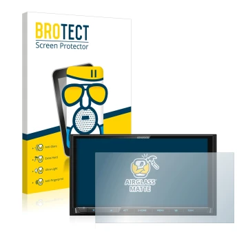 Front side of a product packaging with the brand logo BROTECT. Next to it is the device Kenwood DMX 8020 DABS shown with the c