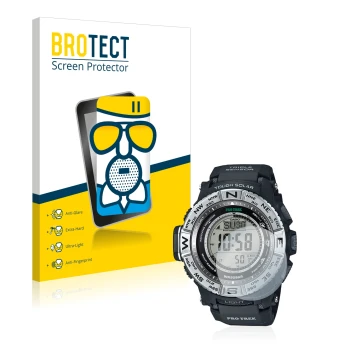 Front side of a product packaging with the brand logo BROTECT. Next to it is the device Casio Pro Trek PRW-3500-1 shown with t