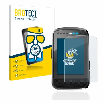 Front side of a product packaging with the brand logo BROTECT. Next to it is the device Wahoo Elemnt Bolt V2 GPS shown with th