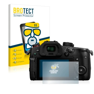Front side of a product packaging with the brand logo BROTECT. Next to it is the device Panasonic Lumix DC-GH5 II shown with t
