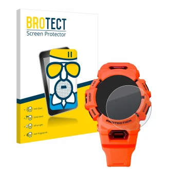 Front side of a product packaging with the brand logo BROTECT. Next to it is the device Casio G-Shock GBA-900 shown with the c