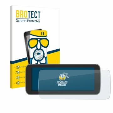 Front side of a product packaging with the brand logo BROTECT. Next to it is the device Fiat 500 E Uconnect 5 10