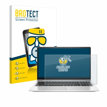 Front side of a product packaging with the brand logo BROTECT. Next to it is the device HP ProBook 450 G8 shown with the corre