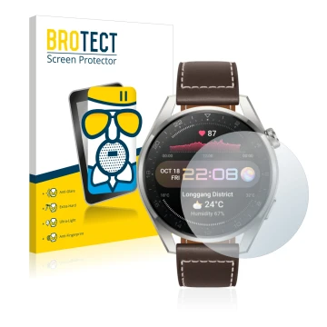 Front side of a product packaging with the brand logo BROTECT. Next to it is the device Huawei Watch 3 Pro shown with the corr