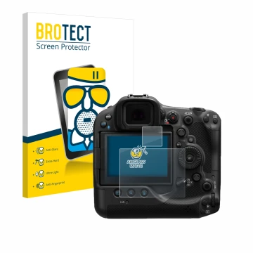 Front side of a product packaging with the brand logo BROTECT. Next to it is the device Canon EOS R3 shown with the correspond