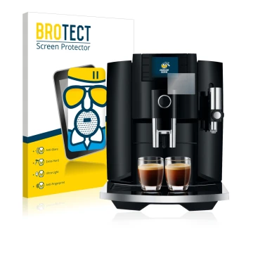 Front side of a product packaging with the brand logo BROTECT. Next to it is the device Jura E8 (EB) shown with the correspond