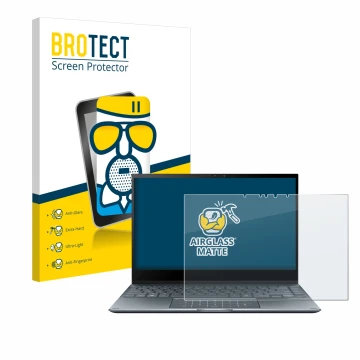 Front side of a product packaging with the brand logo BROTECT. Next to it is the device ASUS ZenBook Flip 13 UX363EA shown wit